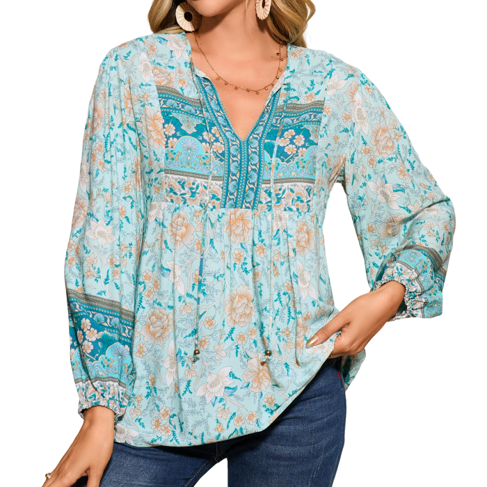 R.Vivimos Summer Boho Tops for Women 2025 Long Sleeve V Neck Floral Print Casual Loose Tunic Blouses Shirts