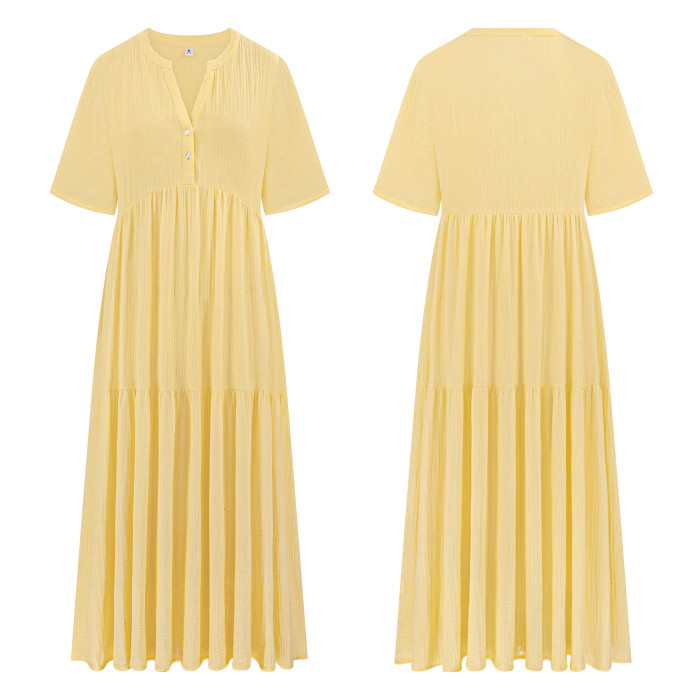 R.Vivimos Womens Summer Cotton Flowy Maxi Dress Short Sleeve V Neck Empire Waist Boho Tiered Ruffle Casual Loose Long Dresses