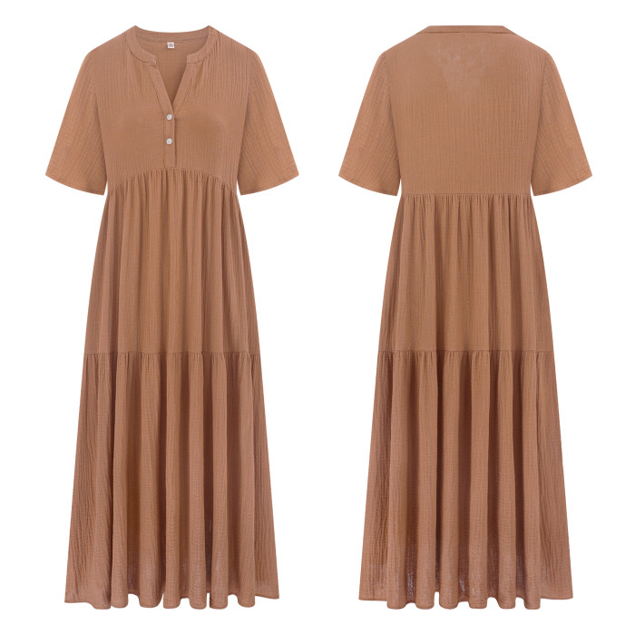 R.Vivimos Womens Summer Cotton Flowy Maxi Dress Short Sleeve V Neck Empire Waist Boho Tiered Ruffle Casual Loose Long Dresses