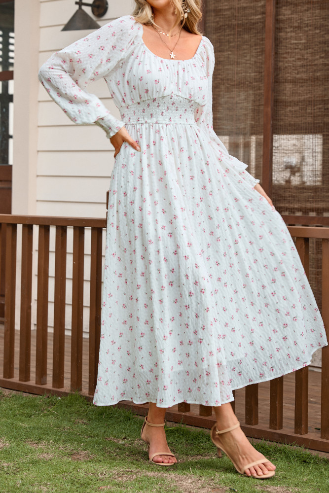 R.Vivimos 2026 Puff Long Sleeve Chiffon Maxi Dress for Women Square Neck Elastic Empire Waist Floral Print A-Line Flowy Dress