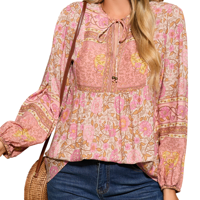 R.Vivimos Summer Boho Tops for Women 2025 Long Sleeve V Neck Floral Print Casual Loose Tunic Blouses Shirts