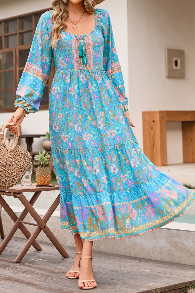 R.Vivimos Boho Maxi Dresses for Women 2025 Floral Print Long Sleeve Casual Button Up Loose Flowy Beach Long Dresses