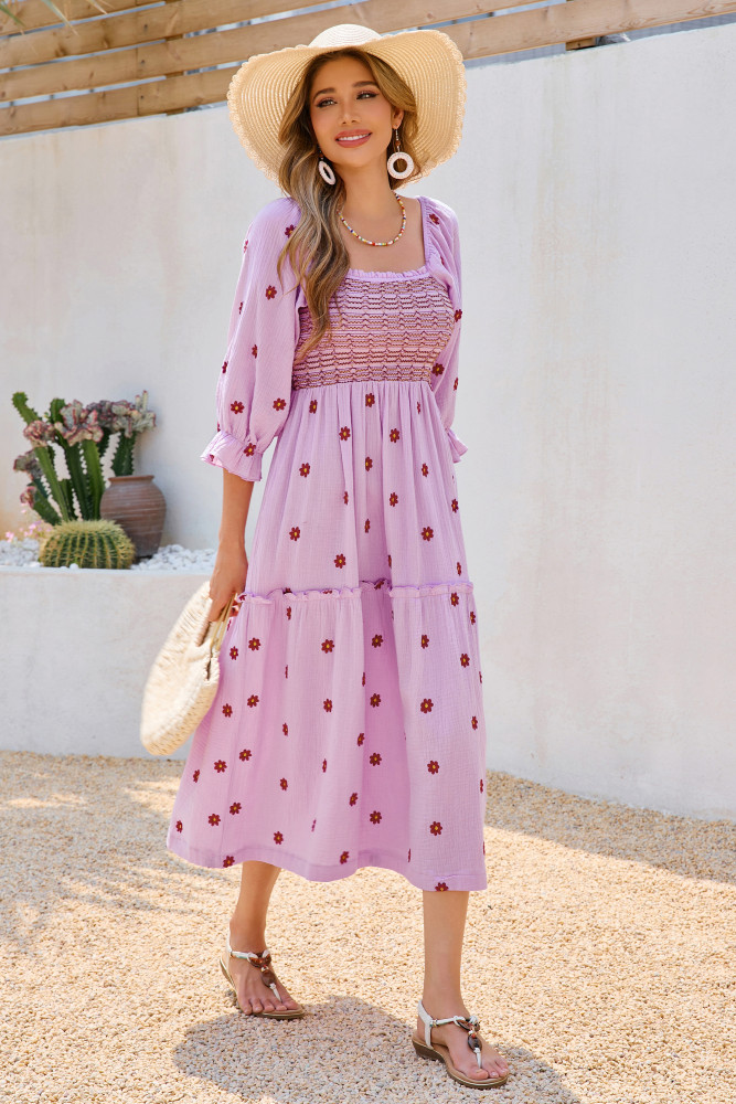 R.Vivimos Women's Long Sleeve Cotton Boho Midi Dress Vintage Square Neck Floral Embroidered Tiered Ruffle Flowy Pockets Dress