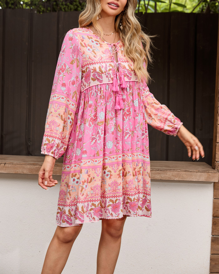 R.Vivimos Womens Long Sleeve Floral Casual Print Cotton Mini Tunic Dress