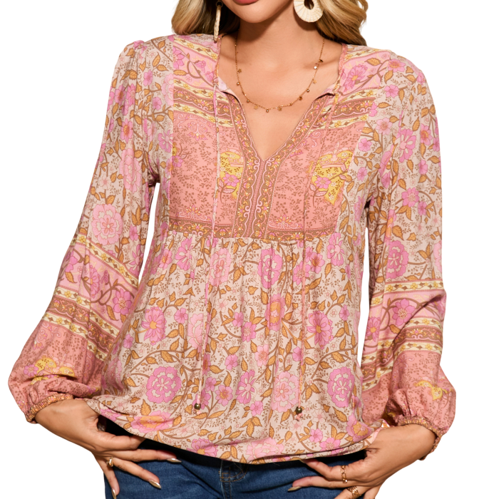 R.Vivimos Summer Boho Tops for Women 2025 Long Sleeve V Neck Floral Print Casual Loose Tunic Blouses Shirts