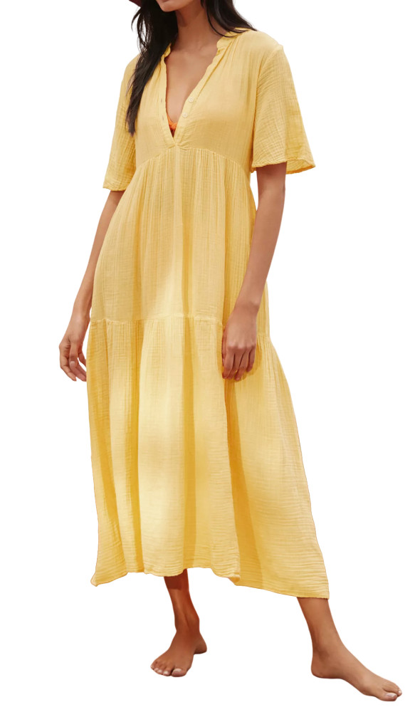 R.Vivimos Womens Summer Cotton Flowy Maxi Dress Short Sleeve V Neck Empire Waist Boho Tiered Ruffle Casual Loose Long Dresses