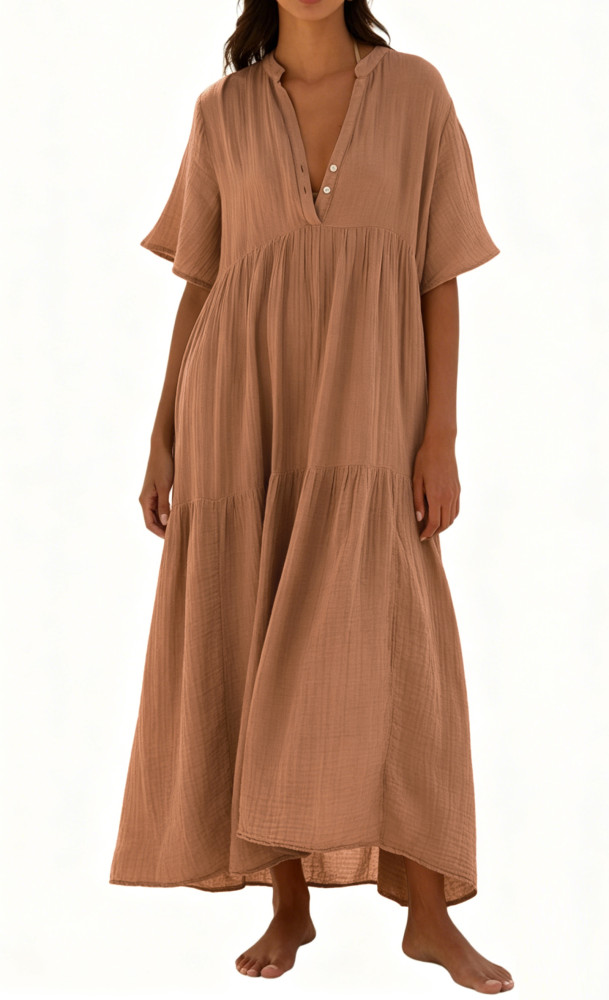 R.Vivimos Womens Summer Cotton Flowy Maxi Dress Short Sleeve V Neck Empire Waist Boho Tiered Ruffle Casual Loose Long Dresses