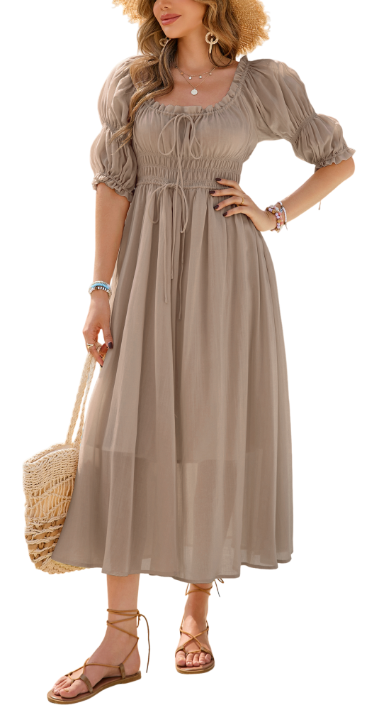 R.Vivimos Women's Summer Square Neck Midi Dress 2025 Casual Puff Half Sleeve Elastic Empire Waist Boho Flowy Long Dresses