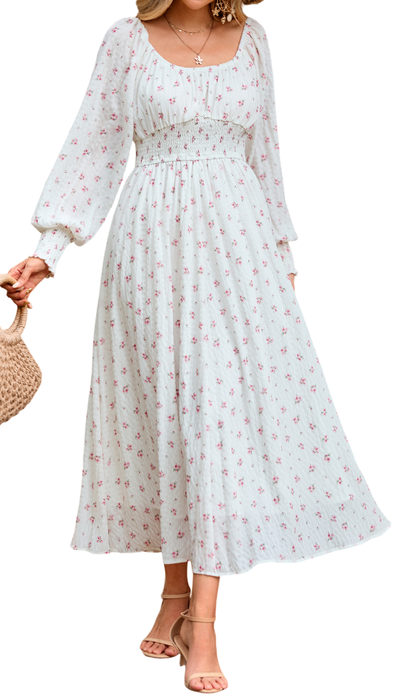 R.Vivimos 2026 Puff Long Sleeve Chiffon Maxi Dress for Women Square Neck Elastic Empire Waist Floral Print A-Line Flowy Dress