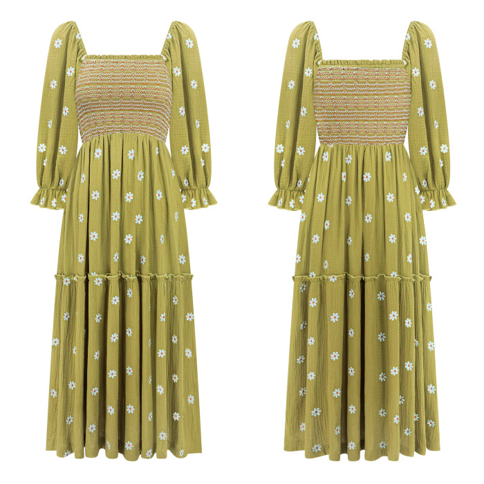 R.Vivimos Women's Long Sleeve Cotton Boho Midi Dress Vintage Square Neck Floral Embroidered Tiered Ruffle Flowy Pockets Dress