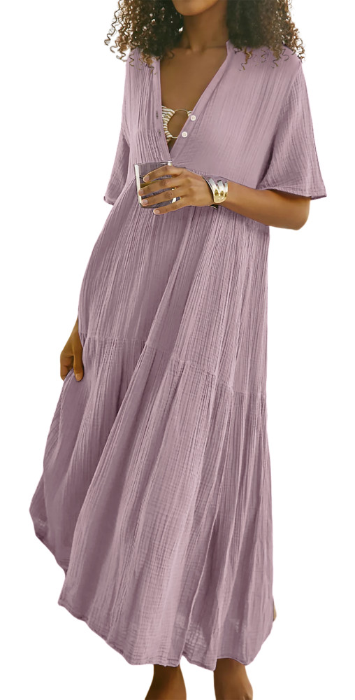 R.Vivimos Womens Summer Cotton Flowy Maxi Dress Short Sleeve V Neck Empire Waist Boho Tiered Ruffle Casual Loose Long Dresses