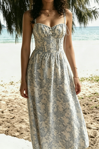R.Vivimos Womens Summer Midi Milkmaid Dress Sleeveless Square Neck Button Up Cottagecore A-Line Flowy Long Sun Dress