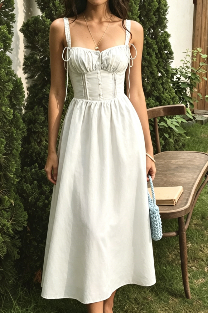 R.Vivimos Womens Summer Midi Milkmaid Dress Sleeveless Square Neck Button Up Cottagecore A-Line Flowy Long Sun Dress