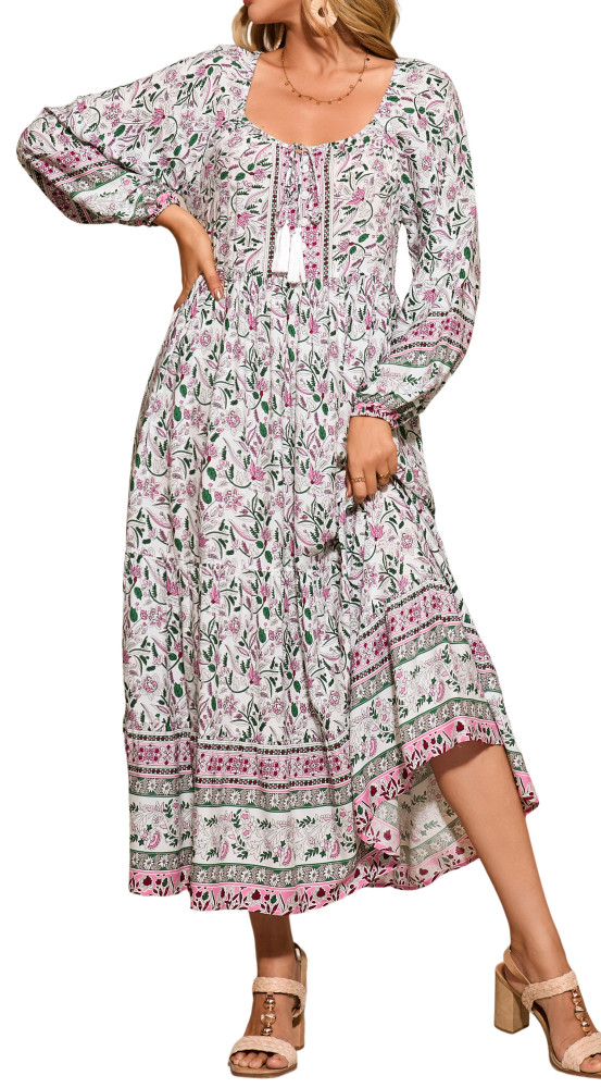 R.Vivimos Boho Maxi Dresses for Women 2025 Floral Print Long Sleeve Casual Button Up Loose Flowy Beach Long Dresses