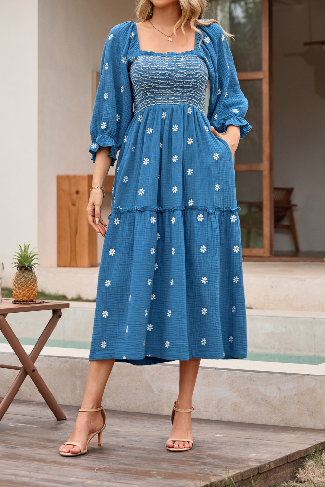 R.Vivimos Women's Long Sleeve Cotton Boho Midi Dress Vintage Square Neck Floral Embroidered Tiered Ruffle Flowy Pockets Dress
