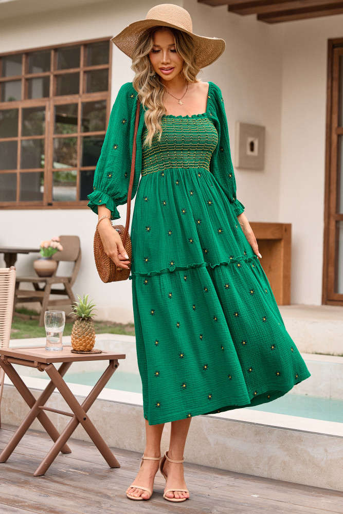 R.Vivimos Women's Long Sleeve Cotton Boho Midi Dress Vintage Square Neck Floral Embroidered Tiered Ruffle Flowy Pockets Dress