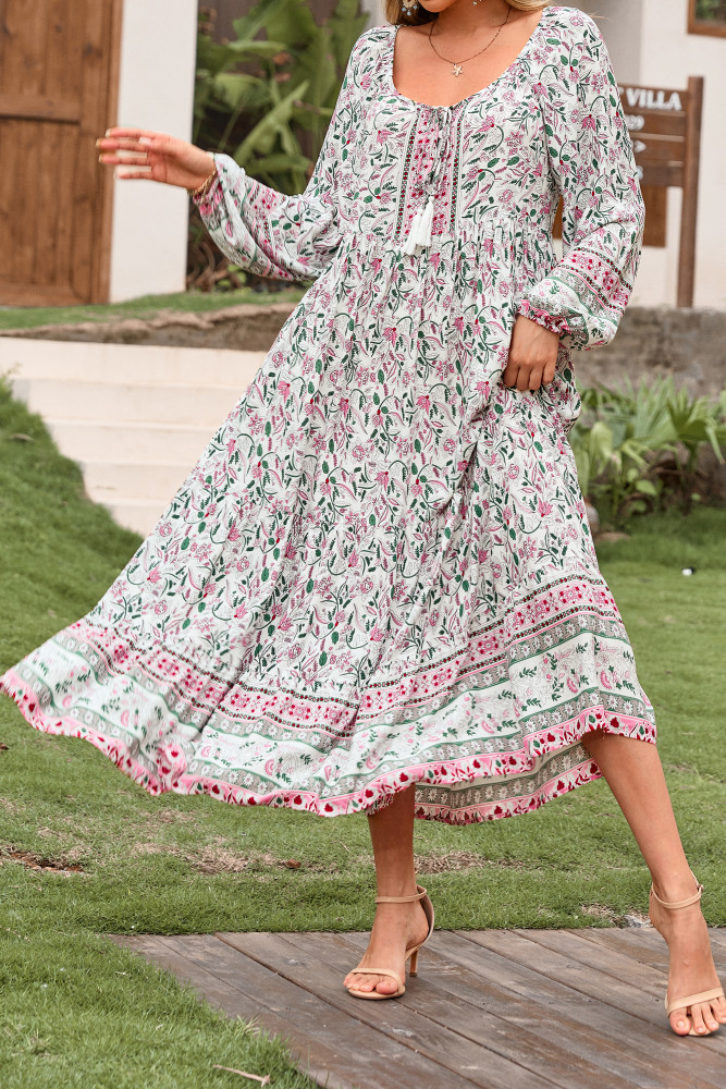 R.Vivimos Boho Maxi Dresses for Women 2025 Floral Print Long Sleeve Casual Button Up Loose Flowy Beach Long Dresses