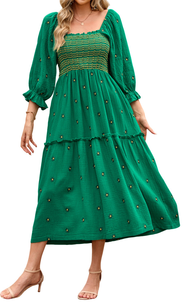 R.Vivimos Women's Long Sleeve Cotton Boho Midi Dress Vintage Square Neck Floral Embroidered Tiered Ruffle Flowy Pockets Dress