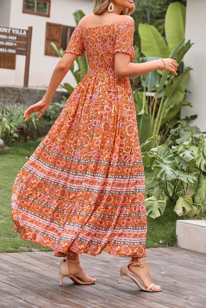 R.Vivimos Women's Summer Maxi Off-Shoulder Dresses Short Sleeve Empire Waist Boho Floral Print Casual Smocked Flowy Dresses