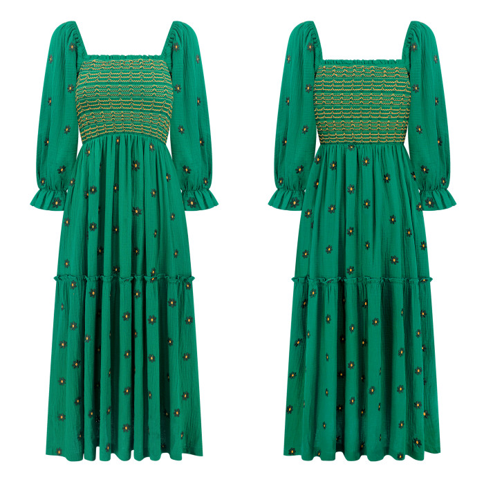 R.Vivimos Women's Long Sleeve Cotton Boho Midi Dress Vintage Square Neck Floral Embroidered Tiered Ruffle Flowy Pockets Dress