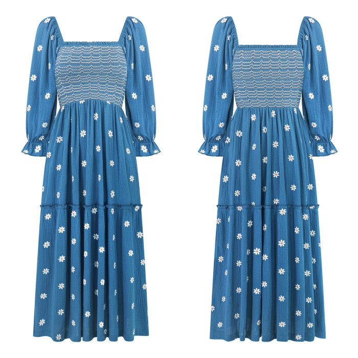 R.Vivimos Women's Long Sleeve Cotton Boho Midi Dress Vintage Square Neck Floral Embroidered Tiered Ruffle Flowy Pockets Dress