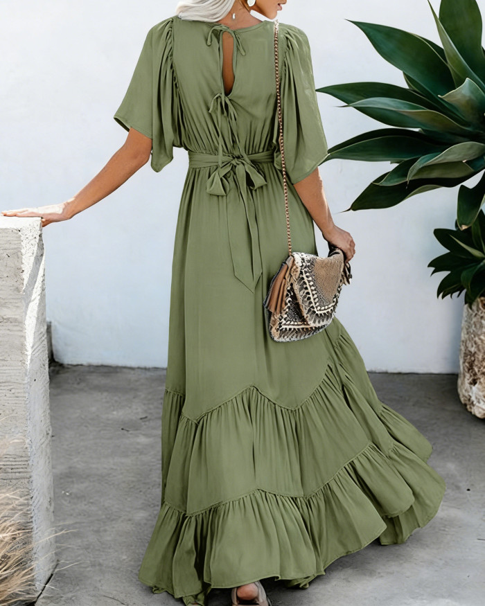 R.Vivimos Summer Flowy Maxi Dresses for Women 2026 V Neck Short Sleeve Tie Back Boho Casual Tiered Ruffle Long Dress