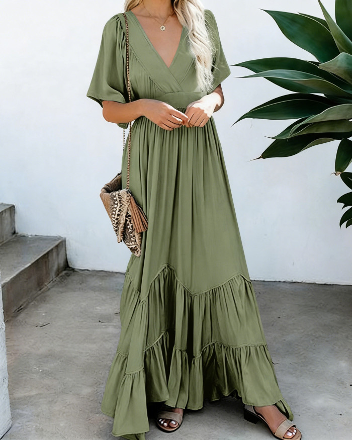 R.Vivimos Summer Flowy Maxi Dresses for Women 2026 V Neck Short Sleeve Tie Back Boho Casual Tiered Ruffle Long Dress