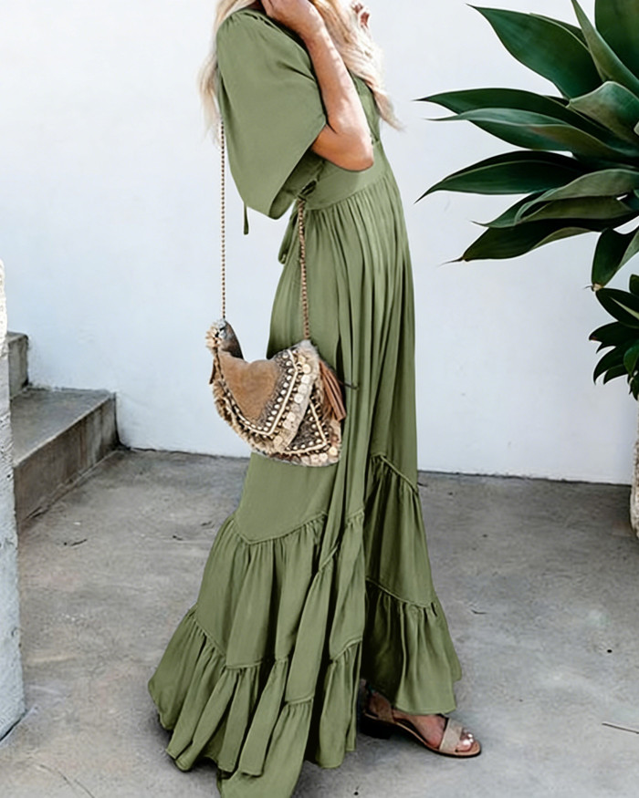R.Vivimos Summer Flowy Maxi Dresses for Women 2026 V Neck Short Sleeve Tie Back Boho Casual Tiered Ruffle Long Dress