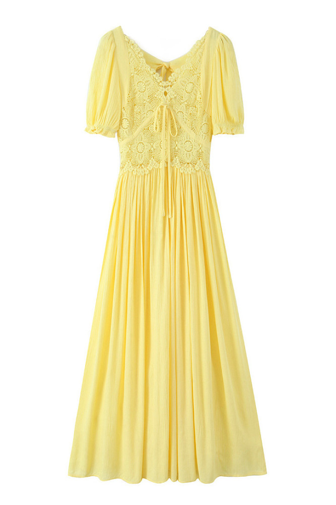 Casual Maxi Summer Dresses for Women Puff Sleeve V Neck Lace Splicing Tie Back Flowy Backless Long Dress