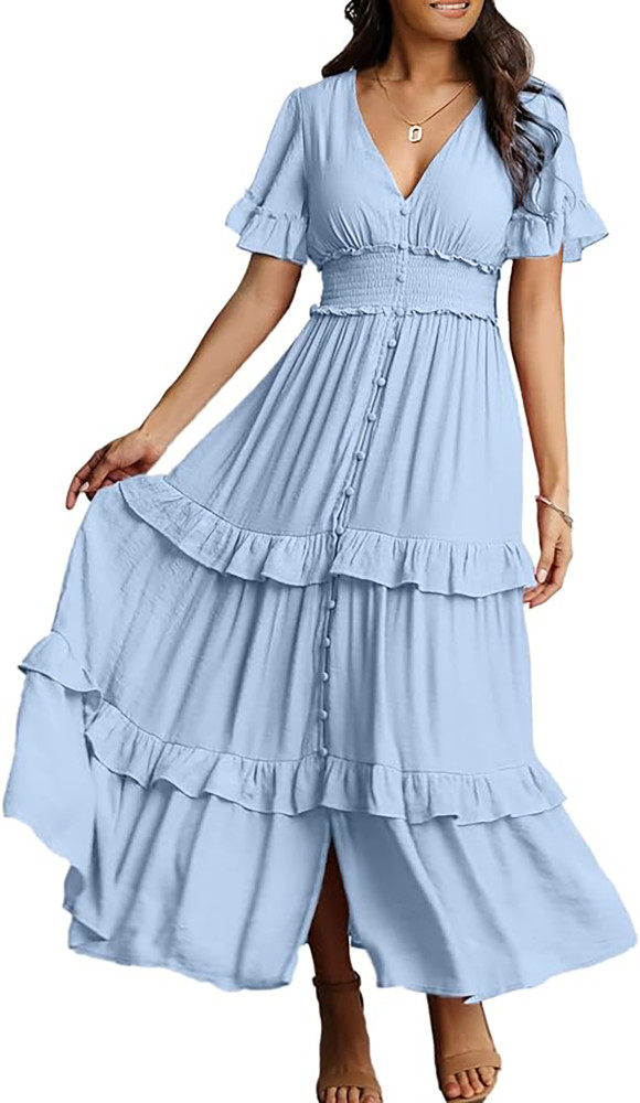 R.Vivimos Womens Summer Button Down Maxi Dress 2026 Casual Short Sleeve V Neck Elastic Waist Ruffle Tiered Flowy Long Dress