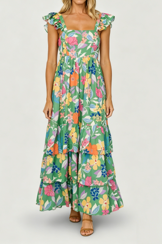 R.Vivimos Summer Maxi Hawaiian Dresses for Women 2026 Boho Floral Print Flutter Sleeve Square Neck Layered Flowy Beach Dress