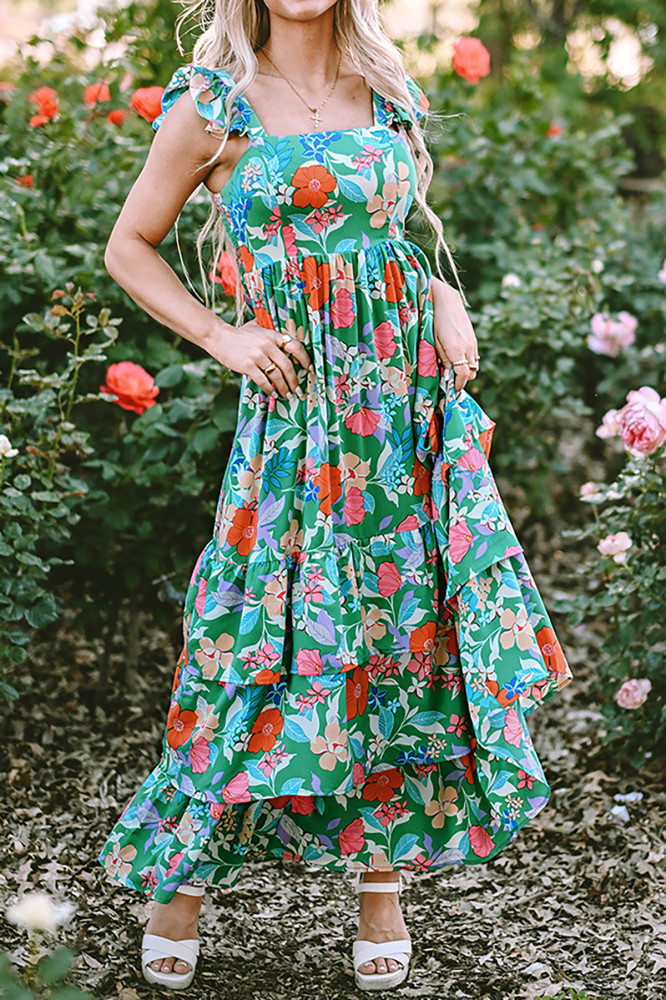 R.Vivimos Summer Maxi Hawaiian Dresses for Women 2026 Boho Floral Print Flutter Sleeve Square Neck Layered Flowy Beach Dress
