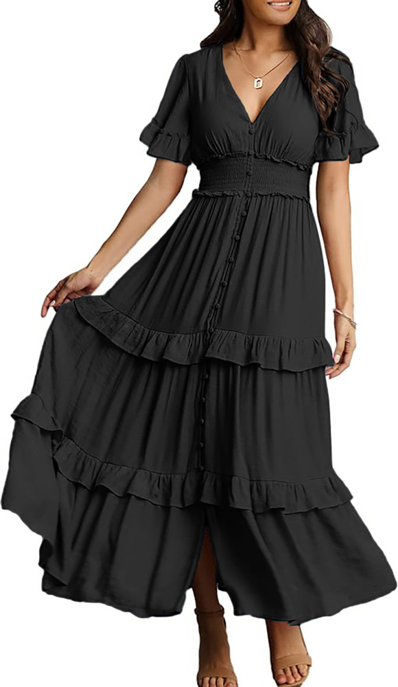 R.Vivimos Womens Summer Button Down Maxi Dress 2026 Casual Short Sleeve V Neck Elastic Waist Ruffle Tiered Flowy Long Dress