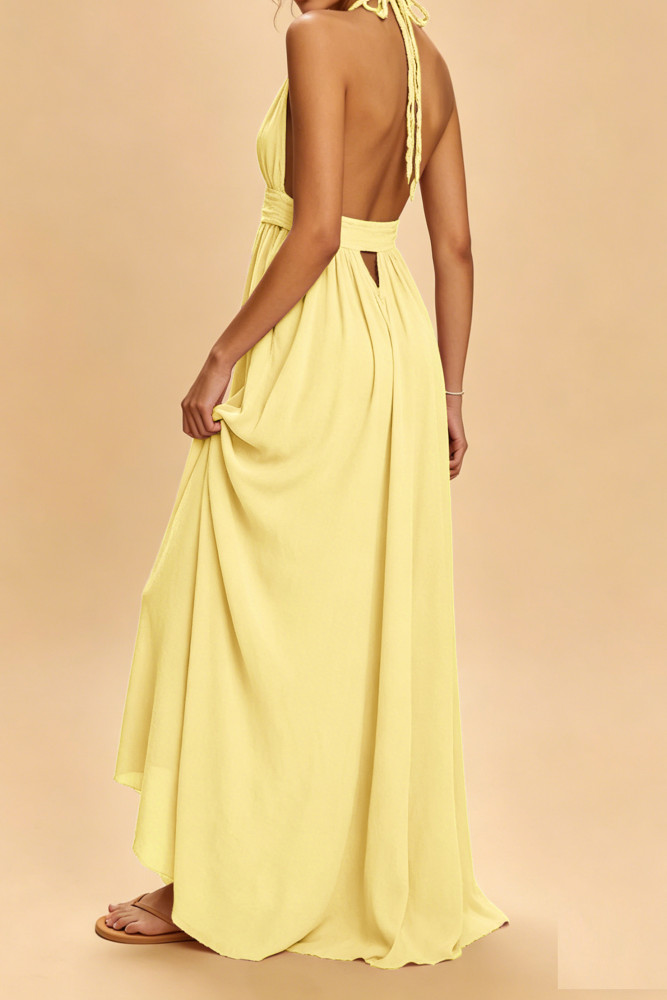 R.Vivimos Boho Maxi Dresses for Women 2025 Summer Sleeveless Halter Elastic Waist Sexy Backless Front Slit Flowy Long Dresses