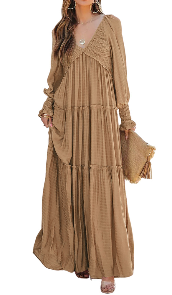 R.Vivimos Maxi Dress for Women Long Sleeve V Neck Empire Waist Layered  Ruffle Boho Casual