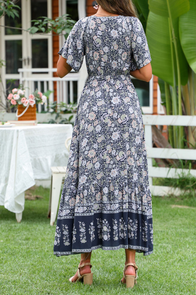 R.Vivimos Women's Summer V Neck Maxi Dress Boho Floral Print Short Sleeve Elastic Waist Ruffle Patchwork A-Line Beach Dress
