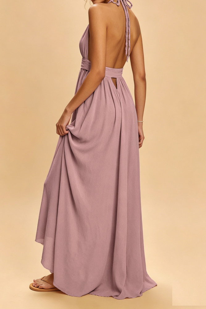 R.Vivimos Boho Maxi Dresses for Women 2025 Summer Sleeveless Halter Elastic Waist Sexy Backless Front Slit Flowy Long Dresses