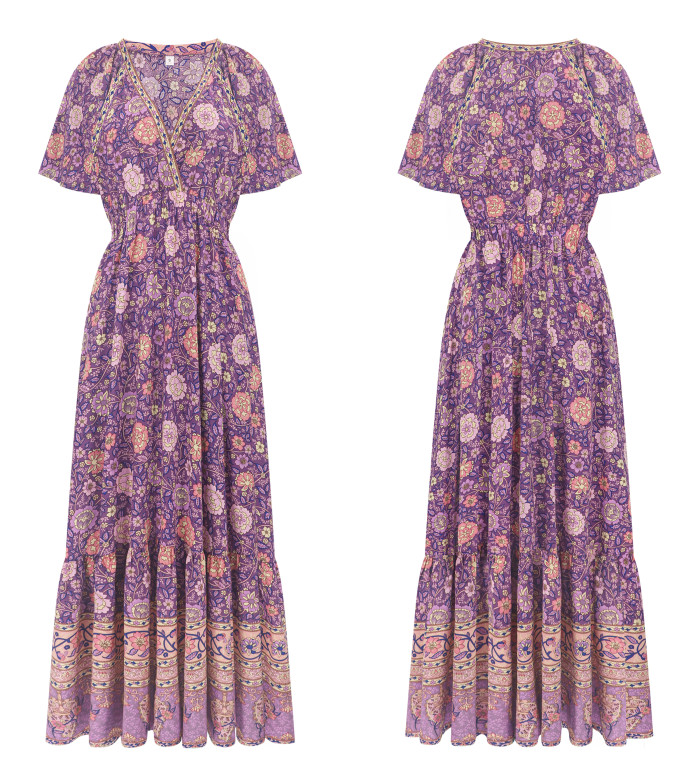 R.Vivimos Women's Summer V Neck Maxi Dress Boho Floral Print Short Sleeve Elastic Waist Ruffle Patchwork A-Line Beach Dress
