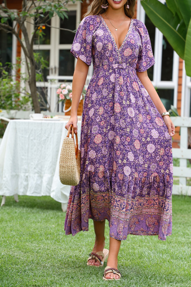 R.Vivimos Women's Summer V Neck Maxi Dress Boho Floral Print Short Sleeve Elastic Waist Ruffle Patchwork A-Line Beach Dress