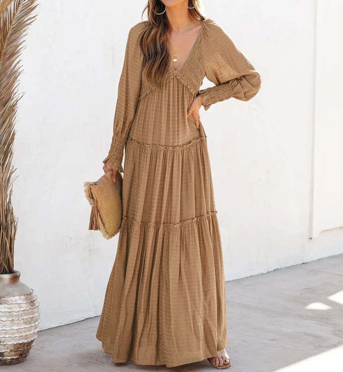 R.Vivimos Maxi Dress for Women Long Sleeve V Neck Empire Waist Layered Ruffle Boho Casual Flowy Long Dresses