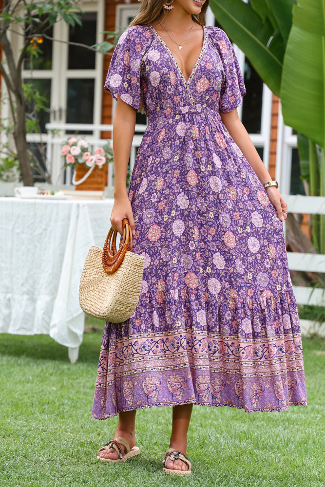 R.Vivimos Women's Summer V Neck Maxi Dress Boho Floral Print Short Sleeve Elastic Waist Ruffle Patchwork A-Line Beach Dress