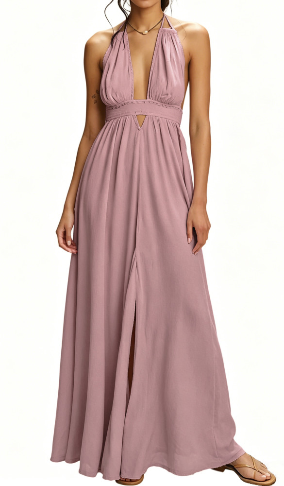 R.Vivimos Boho Maxi Dresses for Women 2025 Summer Sleeveless Halter Elastic Waist Sexy Backless Front Slit Flowy Long Dresses