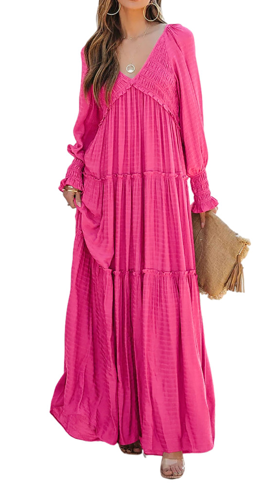 R.Vivimos Maxi Dress for Women Long Sleeve V Neck Empire Waist Layered  Ruffle Boho Casual