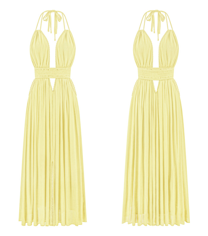 R.Vivimos Boho Maxi Dresses for Women 2025 Summer Sleeveless Halter Elastic Waist Sexy Backless Front Slit Flowy Long Dresses