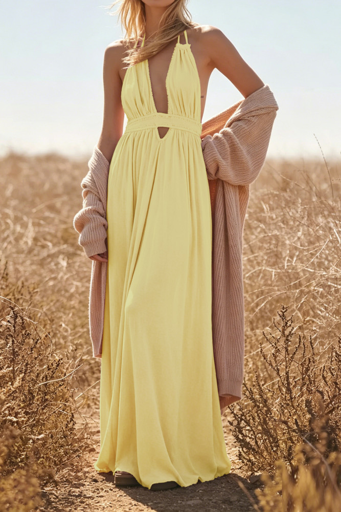 R.Vivimos Boho Maxi Dresses for Women 2025 Summer Sleeveless Halter Elastic Waist Sexy Backless Front Slit Flowy Long Dresses
