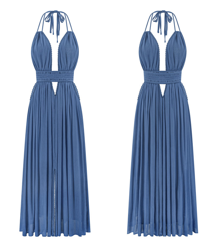 R.Vivimos Boho Maxi Dresses for Women 2025 Summer Sleeveless Halter Elastic Waist Sexy Backless Front Slit Flowy Long Dresses