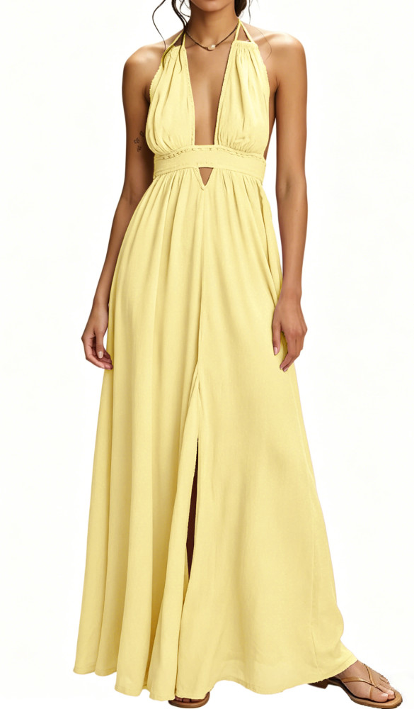R.Vivimos Boho Maxi Dresses for Women 2025 Summer Sleeveless Halter Elastic Waist Sexy Backless Front Slit Flowy Long Dresses