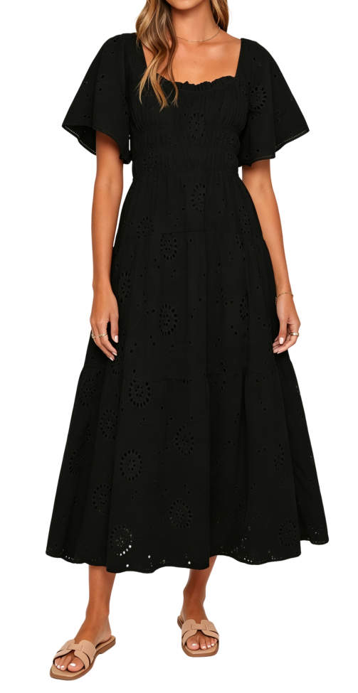 R.Vivimos Womens Summer Cotton Short Sleeve Square Neck Eyelet Embroidery Elastic Waist Casual A-Line Tiered Flowy Midi Dress