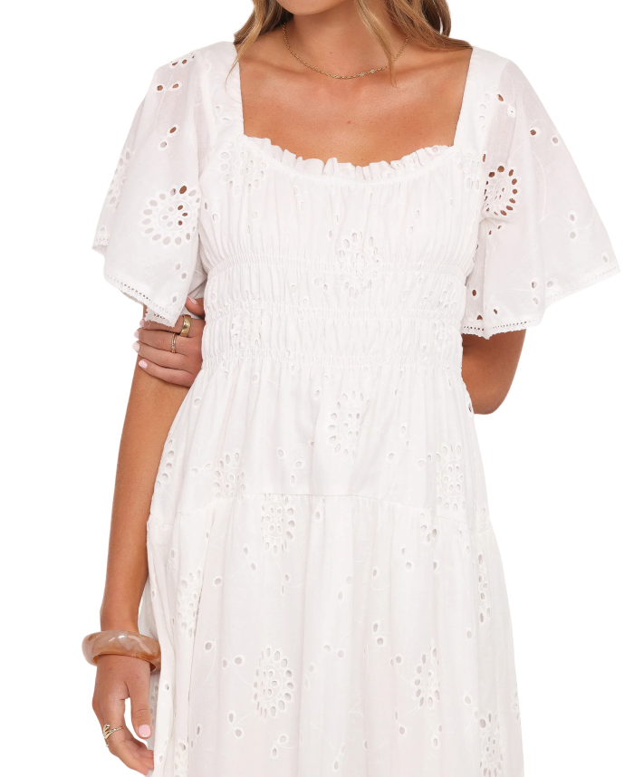 R.Vivimos Womens Summer Cotton Short Sleeve Square Neck Eyelet Embroidery Elastic Waist Casual A-Line Tiered Flowy Midi Dress