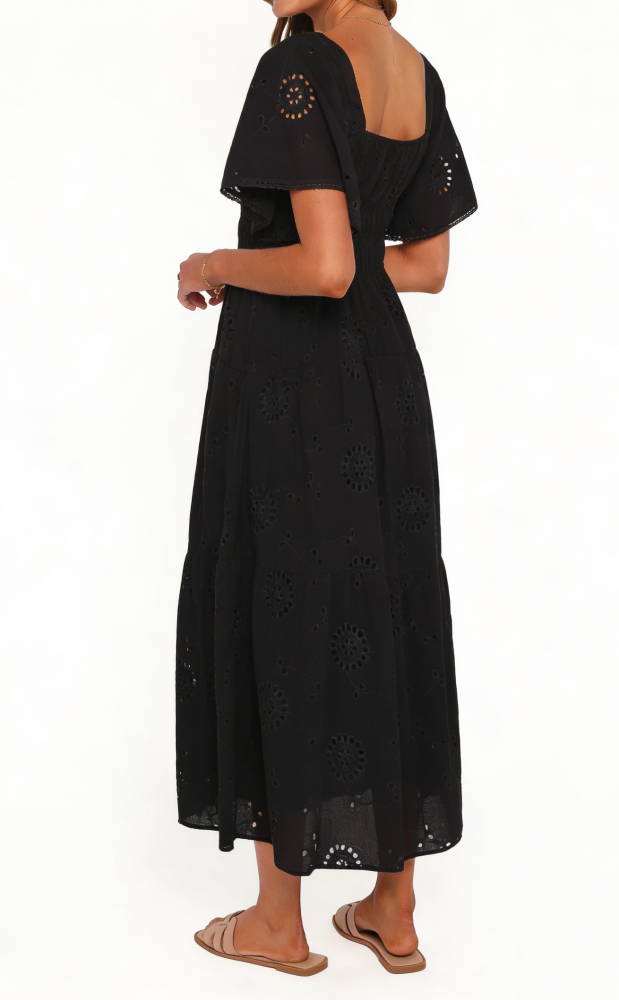 R.Vivimos Womens Summer Cotton Short Sleeve Square Neck Eyelet Embroidery Elastic Waist Casual A-Line Tiered Flowy Midi Dress
